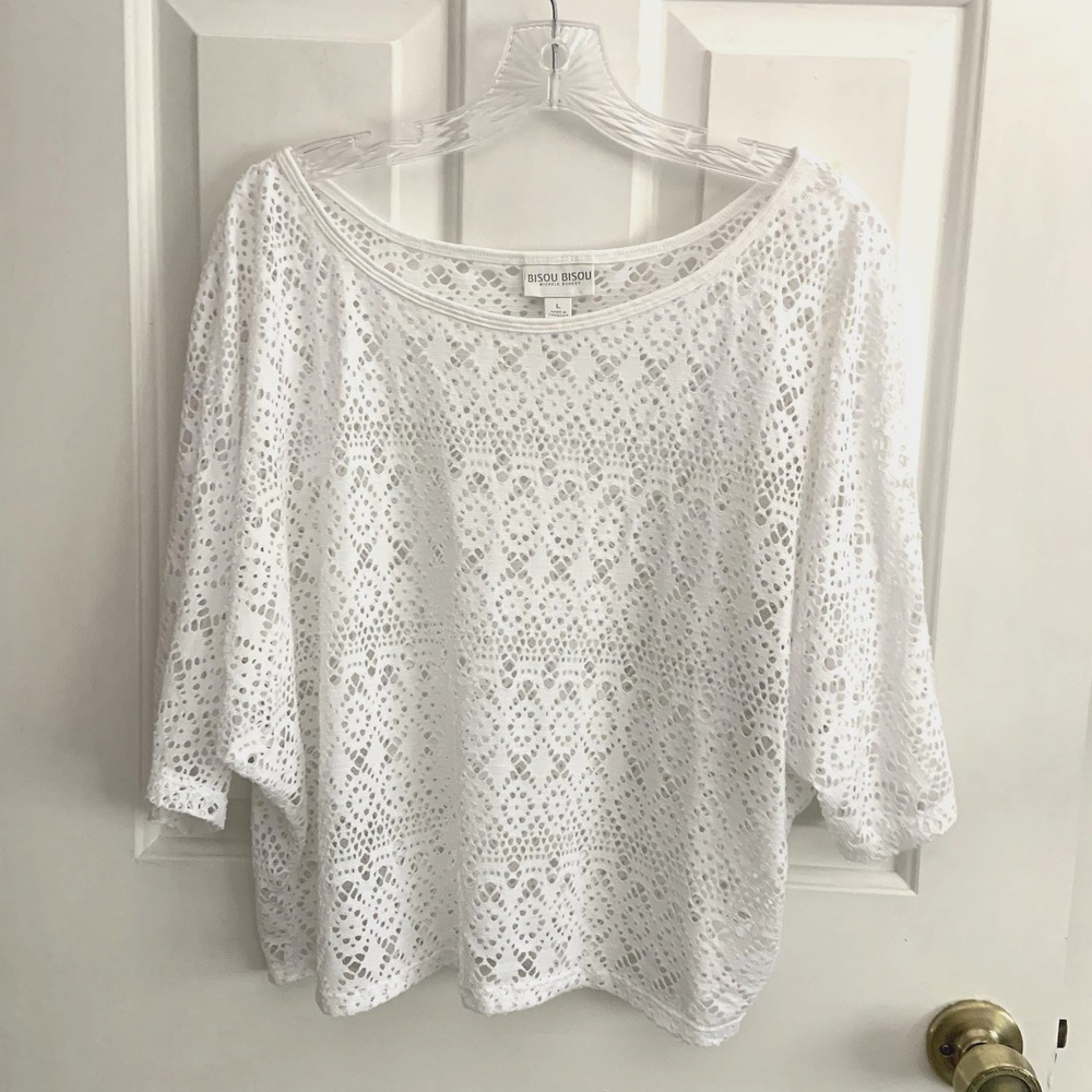 Bisou Bisou Open Knit White 3/4 Batwing sleeve sweater top women sz L